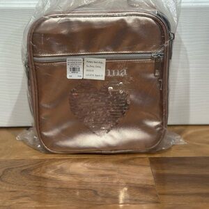 Pottery Barn Kids Rose Gold Lunch Bag with the name "Arianna" engraved.